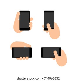 Hand holds a smart phone in vertical and horizontal position. Set Application Template illustration of a smartphone. Vector icons, emblem. Flat style