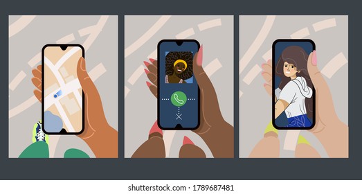 The hand holds a smart phone with a video call on the screen and a navigator. Vector cartoon flat illustration