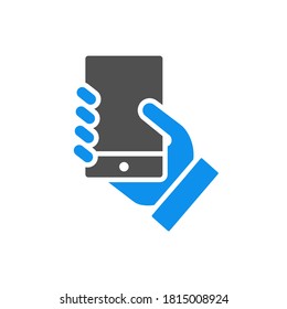 Hand holds a smarthone colored icon. Social network activitiy, blogging, feedback symbol