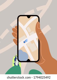 Hand holds a smarton with a navigator that shows the way. Vector cartoon flat illustration
