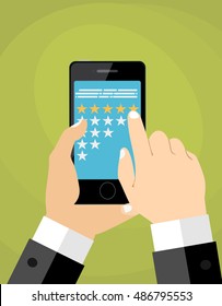  Hand holds smartphone with 5 stars. Quality control, customers reviews, service rating concepts. 