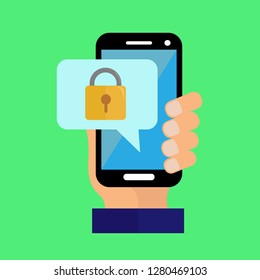 hand holds the smartphone, access to the functions of the smartphone is blocked