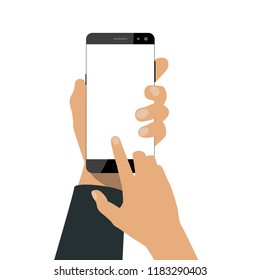 Hand holds a smartphone and another one touches blank white screen. Using mobile smart phone in flat design. Vector illustration
