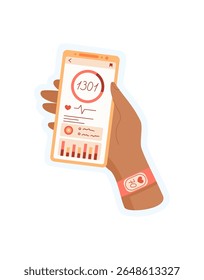 Hand holds a smartphone with an app open on screen. User interacts with the mobile device in a digital context. Cool gesture representation, sticker style, suitable for technology promotion.