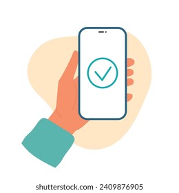 Die Hand hält auf dem Bildschirm ein Smartphone mit einem zugelassenen Zahlungskontrollzeichen. Unberührte Online-Zahlung. Vektorgrafik
