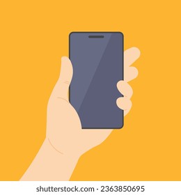 Hand holds smartphone with black screen. Phone mock up blank display. Vector illustration in modern flat style isolated.
