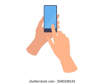 Hand holds smartphone with blank screen. Template for social networks and business. Flat illustration isolated on white background