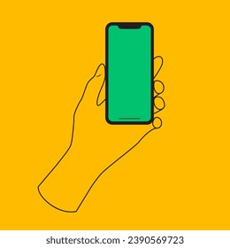 Mano sostiene un smartphone con pantalla en blanco. Plantilla para redes sociales y negocios. Ilustración plana aislada en fondo blanco