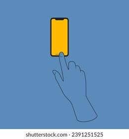 Mano sostiene un smartphone con pantalla en blanco. Plantilla para redes sociales y negocios. Ilustración plana aislada en fondo blanco