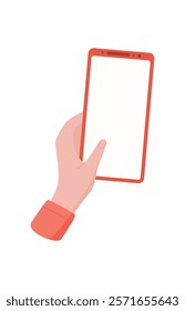 A hand holds a smartphone with a blank screen. This mobile device serves as perfect template for various applications. The users finger is ready to tap the touchscreen, showcasing digital technology,