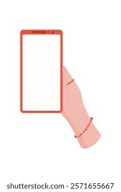 A hand holds a smartphone with a blank screen. The user presents mobile device in simple gesture. This image serves as perfect template for showcasing applications, communication, and technology.