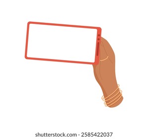 Hand holds a smartphone with a blank screen. User presents mobile phone for digital applications and online usage. This mobile device provides communication and accessibility, flat style, versatile