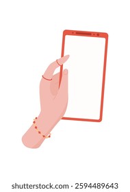 A hand holds a smartphone with a blank screen. A user showcases an empty mobile device in flat graphic. The gesture illustrates digital application concept, perfect for online media and