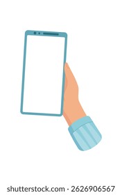 A hand holds a smartphone with a blank screen. The user gestures with their finger on the digital device. This mobile phone template illustrates advanced technology in simple visual style, suitable