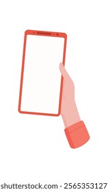 A hand holds a smartphone with a blank template screen. A user showcases mobile device in gesture of interaction. Ideal for presenting apps, this flat design highlights modern technology and