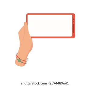 A hand holds a smartphone with a blank template screen. The user displays mobile device ready for app interaction. The palm embraces the technology with digital possibilities, simple style, ideal for