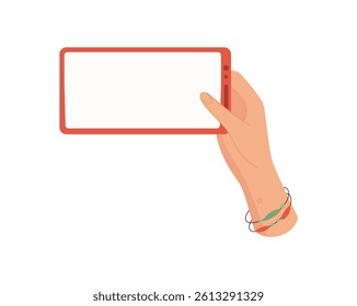 A hand holds a smartphone with a blank template screen. The user displays simple mobile device in gesture for communication. Digital app showcases potential for social interaction.