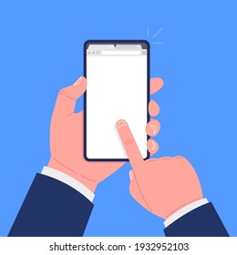Hand holds smartphone with browser mockup on a screen. Web browser blank template. Vector illustration.
