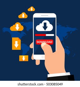 Hand holds smartphone with button download and download cloud on screen. Downloading various files. Business concept. Vector illustration.