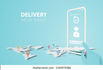 Hand holds smartphone with buy now application.Delivery service concept.Creative map world location network paper cut and craft.App screen online transport background.Mobile ship Vector illustration