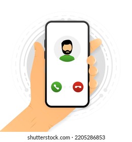 The hand holds a smartphone with a call. Mobile communication concept by cellular connection. Vector illustration.