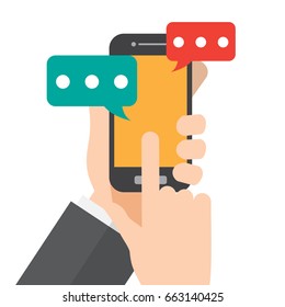 hand holds smartphone. chat , message. vector illustration.