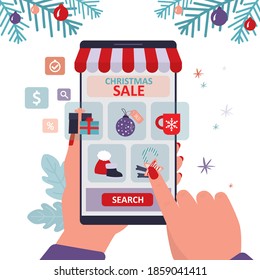 Hand holds smartphone with christmas accessories store on screen. Various new year paraphernalia presented in online shop. Concept of e-commerce and buying gifts. Trendy flat vector illustration