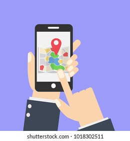 Hand holds smartphone with city map gps navigator on smartphone screen. Mobile navigation concept. Modern simple flat design for web banners, web sites, infographics. Creative vector illustration