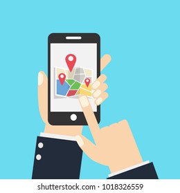 Hand holds smartphone with city map gps navigator on smartphone screen. Mobile navigation concept. Modern simple flat design for web banners, web sites, infographics. Creative vector illustration