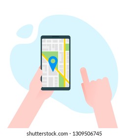 Hand holds smartphone with city map gps navigator on smartphone screen. Mobile navigation concept. Modern simple flat design for web banners, web sites, infographics. Creative vector illustration.