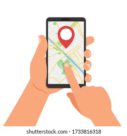 Hand holds smartphone with city map gps navigator on smartphone screen. Mobile navigation concept. Vector Illustration.