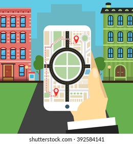 Hand holds smartphone with city map gps navigator on screen. Mobile navigation path on the road in city. Flat vector illustration.