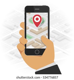 Hand holds smartphone with city map gps navigator on smartphone screen. Gps navigation app on mobile phone. Tracking system. Mobile GPS Navigation concept.