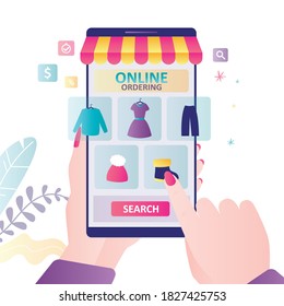 Hand holds smartphone with clothing store on screen. Woman chooses clothes in online mass market. Different range of clothing in trendy shop. Concept of e-commerce and shopping. Vector illustration