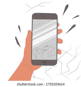 Hand hält Smartphone mit knacktem Bildschirm. Glasfragmente, die an den Seiten verstreut sind. Beschädigung des Touchscreens des Mobiltelefons. Zerbrochenes Glas. Vector Illustration auf weißem Hintergrund isoliert.