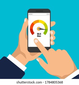 Hand Holds Smartphone With Credit Score Meter. Phone Display With Speed Test On It. Isolated Vector Illustration.