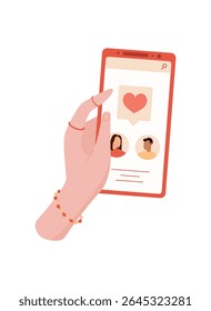 Uma mão segura um smartphone com um aplicativo de namoro. Um usuário interage com um aplicativo móvel através do toque. A tela exibe mensagens em plataforma social, estilo plano, adequado para mídia digital.