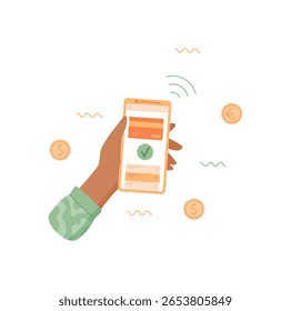 A hand holds a smartphone with a digital payment app. The mobile phone displays transaction screen. The user interacts with the payment application. Online commerce, engaging graphic, suitable for