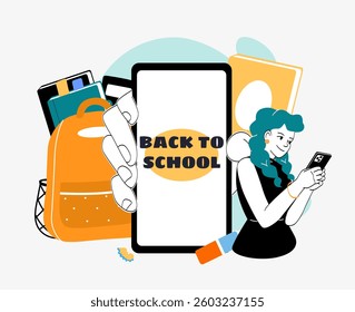 Hand holds smartphone displaying Back to School text, surrounded by school supplies and smiling girl using her phone. Modern flat style on light background. Concept of education. Vector illustration