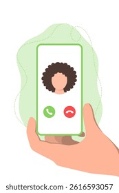 A hand holds a smartphone displaying a call interface with a silhouette of a person and two interactive buttons.