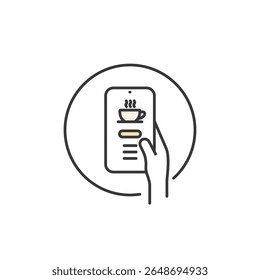 A hand holds a smartphone displaying a cup symbol, captures mobile convenience, digital café orders, and streamlined pick-up service for modern coffee enthusiasts on the go