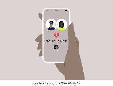 A hand holds a smartphone displaying a dating app that humorously highlights the end of a relationship, featuring a game over sign to symbolize the challenges and new beginnings in the dating world