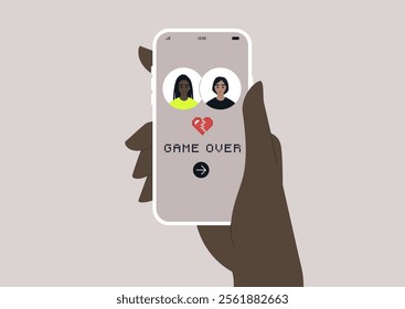 A hand holds a smartphone displaying a dating app that humorously highlights the end of a relationship, featuring a game over sign to symbolize the challenges and new beginnings in the dating world