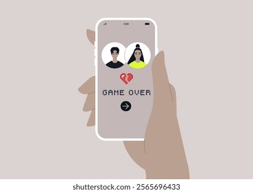 A hand holds a smartphone displaying a dating app that humorously highlights the end of a relationship, featuring a game over sign to symbolize the challenges and new beginnings in the dating world