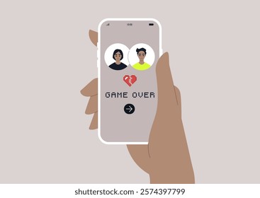 A hand holds a smartphone displaying a dating app that humorously highlights the end of a relationship, featuring a game over sign to symbolize the challenges and new beginnings in the dating world