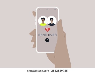 A hand holds a smartphone displaying a dating app that humorously highlights the end of a relationship, featuring a game over sign to symbolize the challenges and new beginnings in the dating world