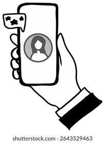 A hand holds a smartphone displaying a female profile and positive feedback stars signifying excellent online review ratings and user experience satisfaction.