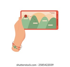 A hand holds a smartphone displaying a game on the screen. A user interacts with the phone and plays through digital app. Engaging with mobile technology, flat design, ideal for social media and