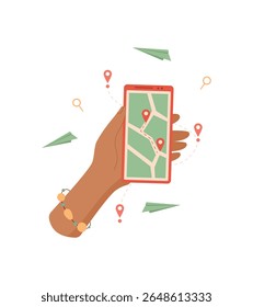 A hand holds a smartphone displaying a GPS map application. A person uses mobile device with digital navigation features. The phone screen showcases an interactive map interface, cool graphic style,