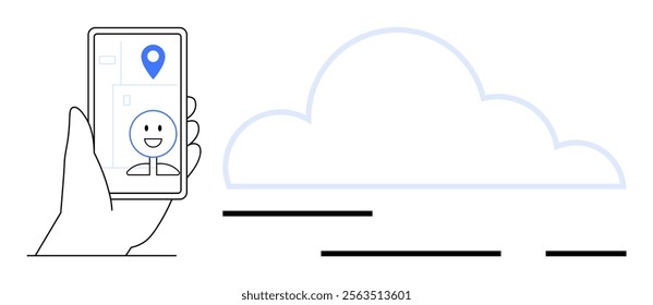 A hand holds a smartphone displaying a happy face and location marker, next to a cloud. Ideal for communication, cloud technology, location services, mobile applications, and social media themes